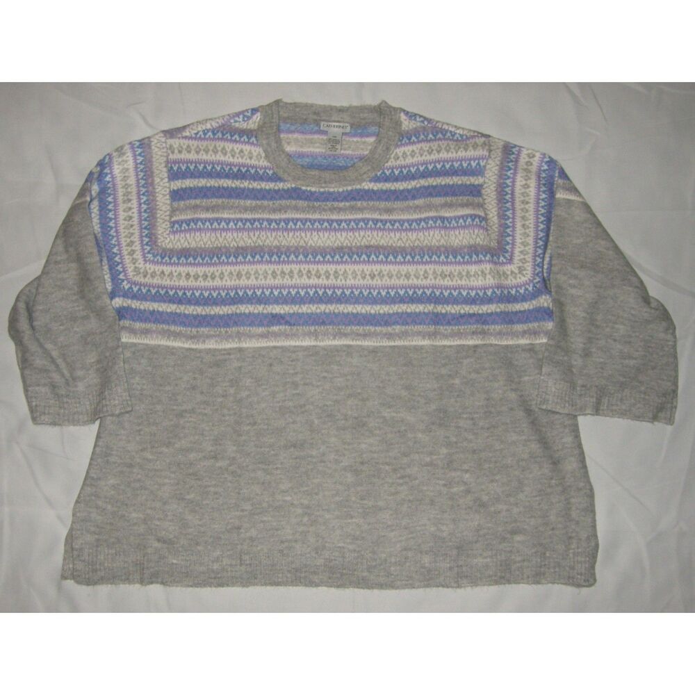 CATHERINES Gray Fair Isle Plus Sz 26/28 Petite Stretchy Lightweight Sweater NEW